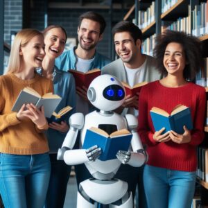 Delighted, diverse users (including a robot user) in a high tech modern library